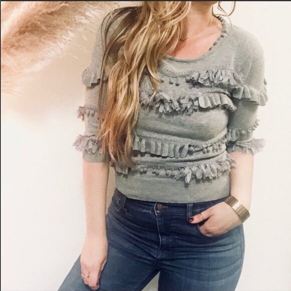 ANTHROPOLOGIE Knitted Knotted Ruffle Pom Fringe Stripe Grey Gray Sweater Top S - Picture 2 of 7